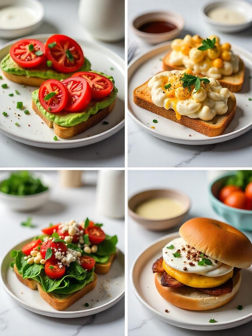 Collage of assorted brunch toasts and breakfast sandwiches with creative toppings and spreads.
