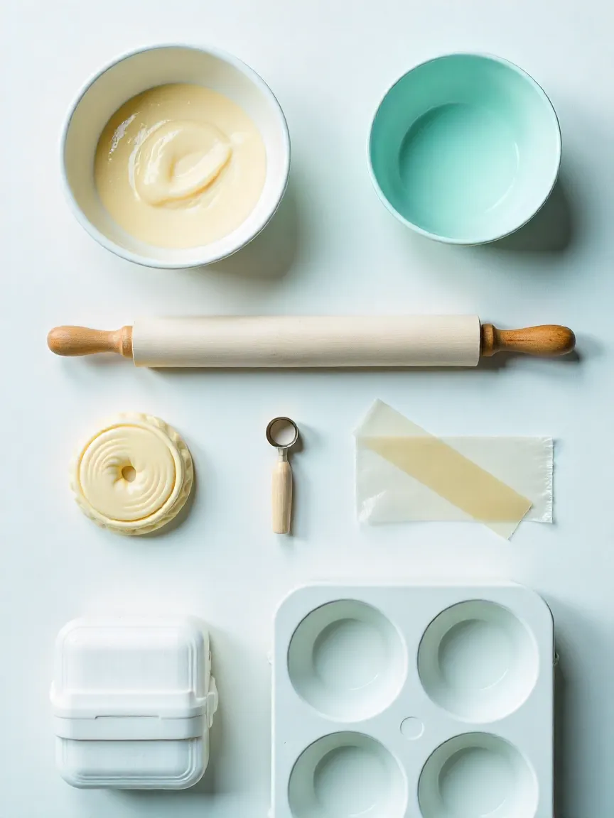 Essential kitchen tools for making mochi ice cream arranged on a countertop.