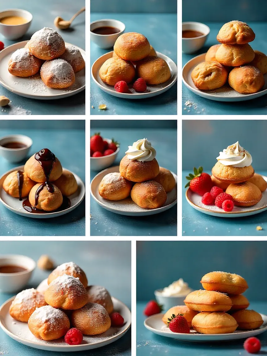 Vanilla beignets served with chocolate sauce, berries, cream, and hot drinks.