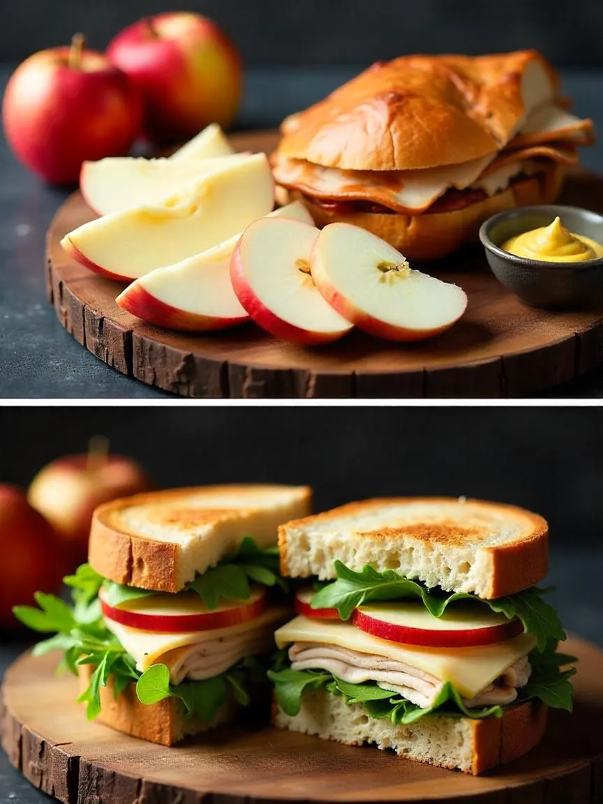 Whole grain sandwich layered with sliced turkey, creamy brie, crisp green apple, arugula, and Dijon mustard.
