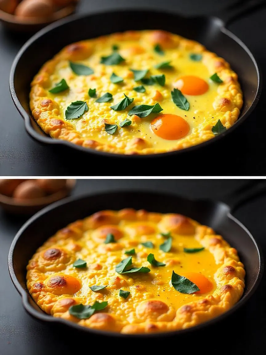 Collage of stovetop cooking and oven baking methods for frittata with spatula and doneness test.