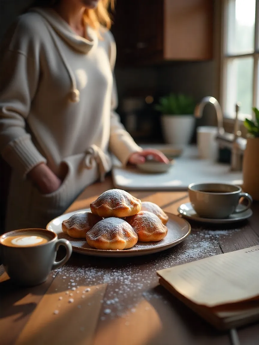 Cozy kitchen with fresh vanilla beignets, espresso, and morning light.