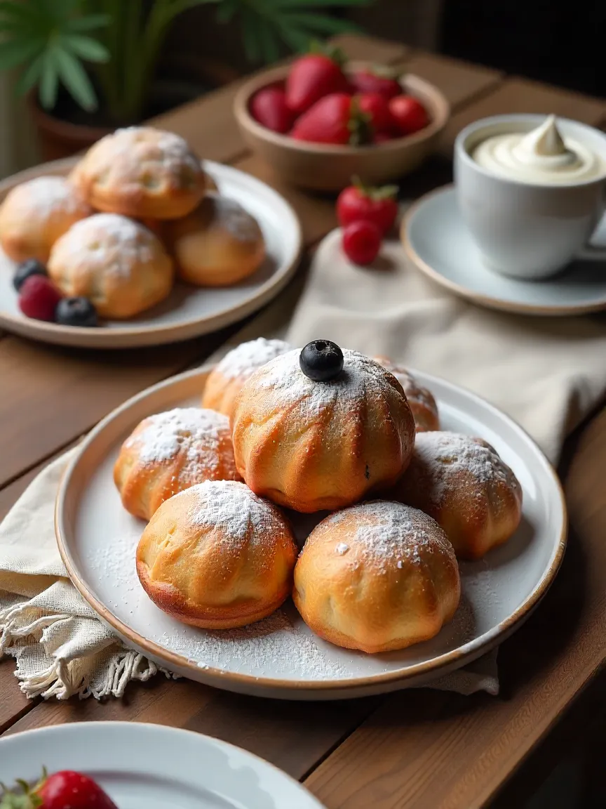 Collage of vanilla beignets with different toppings: chocolate, berries, cream, and coffee.