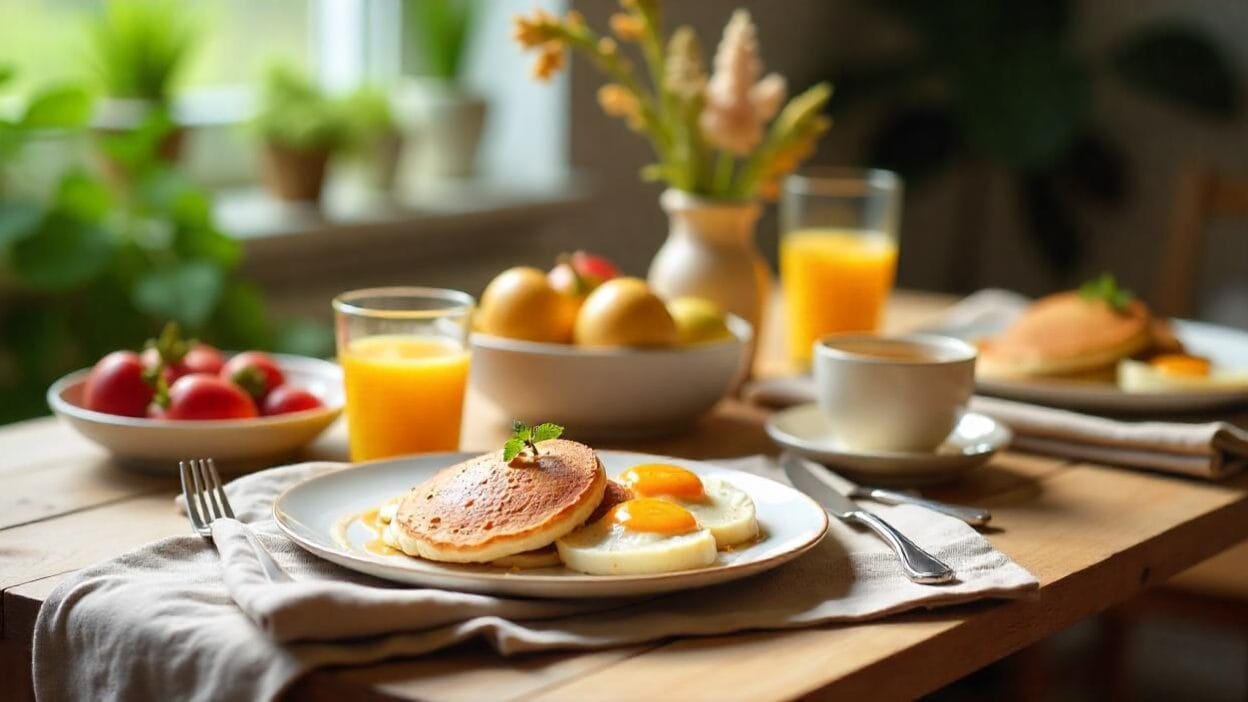 Cozy homemade brunch spread with pancakes, eggs, fruit, and drinks on a rustic table.