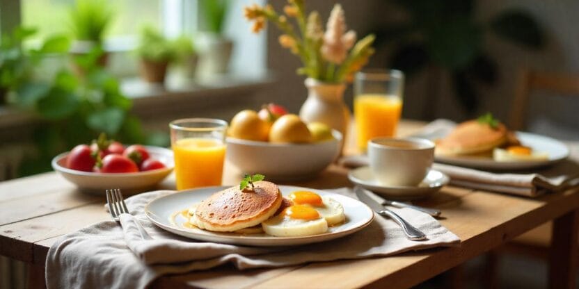 Cozy homemade brunch spread with pancakes, eggs, fruit, and drinks on a rustic table.