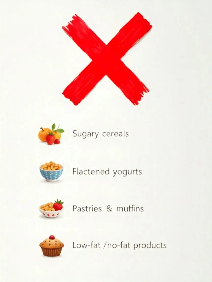 Large red cross above a list of breakfast foods to avoid: sugary cereals, high-sugar flavored yogurts, instant pastries and muffins, and low-fat or no-fat processed products, highlighting unhealthy choices to skip for a better breakfast.