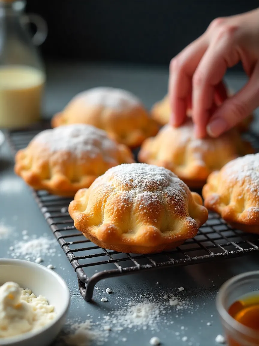 Fresh vanilla beignets with powdered sugar and rising steam on a baking rack.