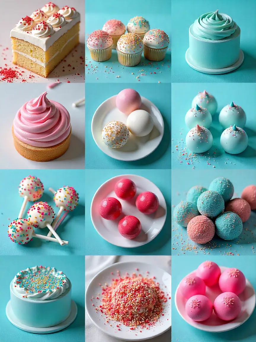 Collage of cake pop ingredients: cake mix, frosting, candy melts, sticks, sprinkles, and food coloring
