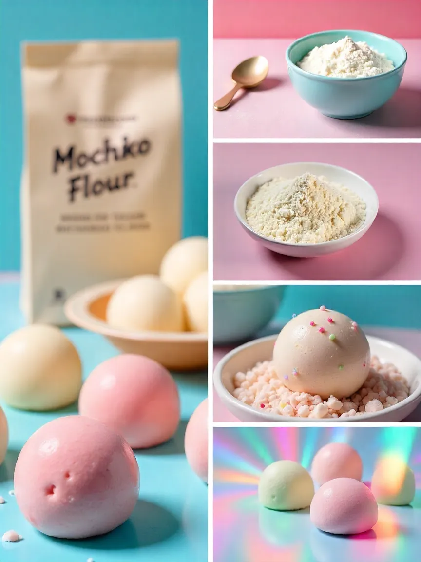Collage of mochiko flour, cornstarch, and colorful ice cream scoops for making mochi ice cream.