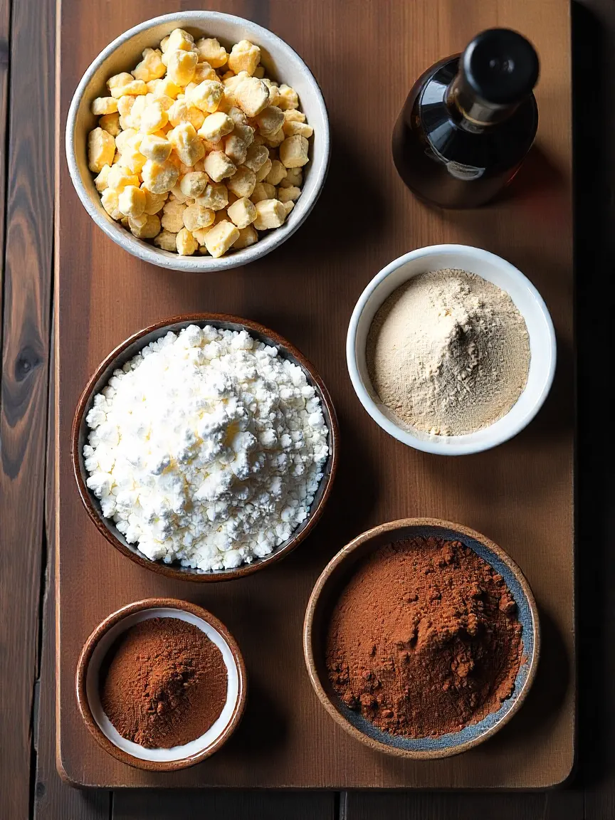 Ingredients for no-bake tiramisu balls arranged on a wooden table: cookies, mascarpone, coffee, powdered sugar, cocoa powder, and coffee liqueur.