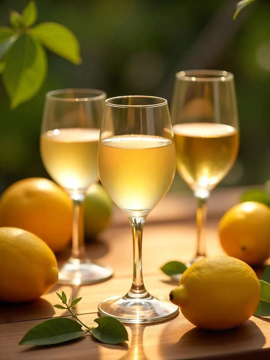 Glasses of different white wines with lemons, limes, and herbs, evoking freshness and a bright summer vibe.