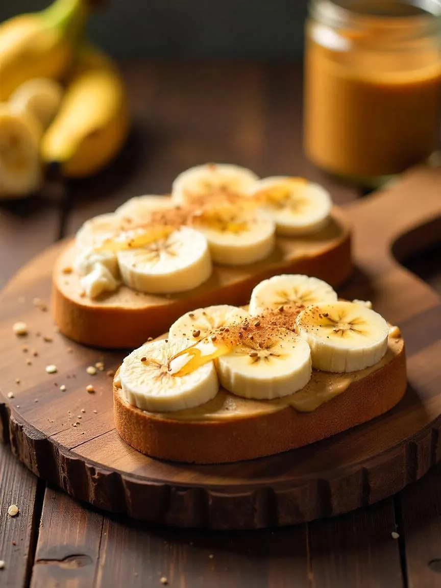 Whole-grain toast topped with peanut butter, banana slices, hemp seeds, cinnamon, and honey drizzle, showcasing a quick and balanced breakfast rich in carbs, protein, and healthy fats.