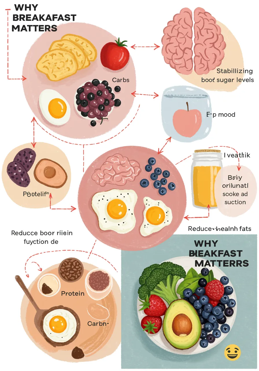 Simple infographic showing benefits of breakfast with icons for blood sugar, brain health, and balanced nutrients.