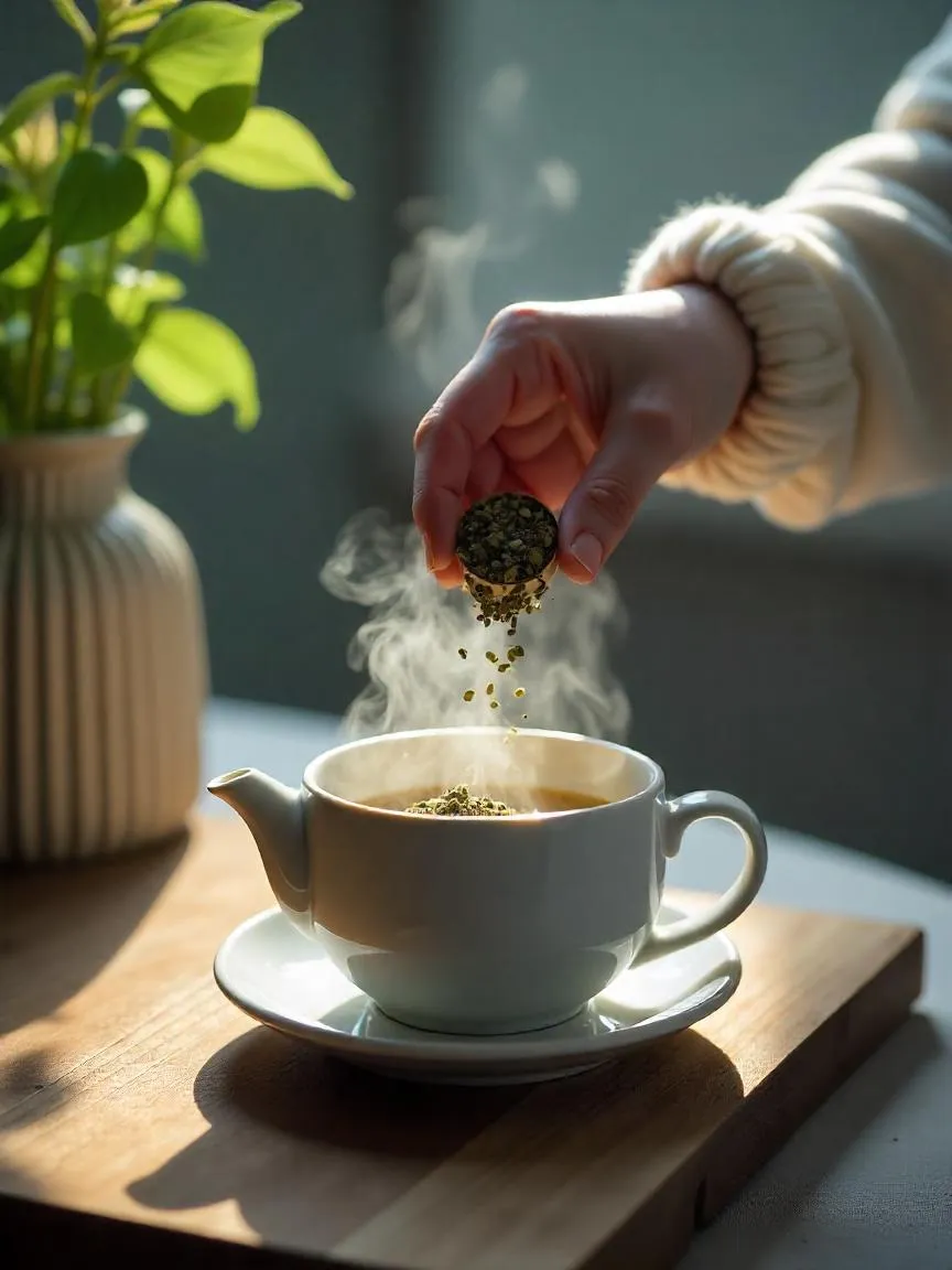 Hands scooping loose herbal tea leaves with steaming kettle in soft light, symbolizing calm and mindfulness.