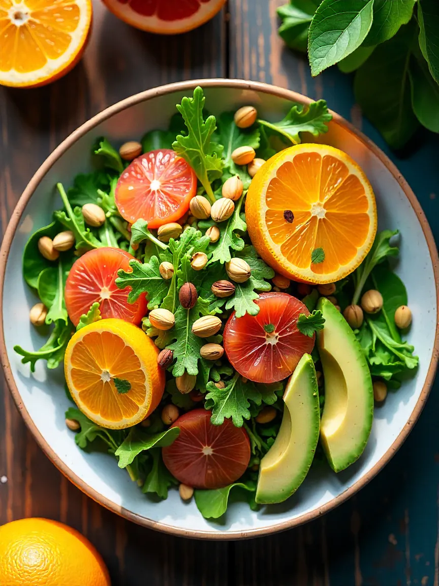 Bright arugula salad with orange and grapefruit segments, roasted nuts, and light lemon-olive oil dressing.
