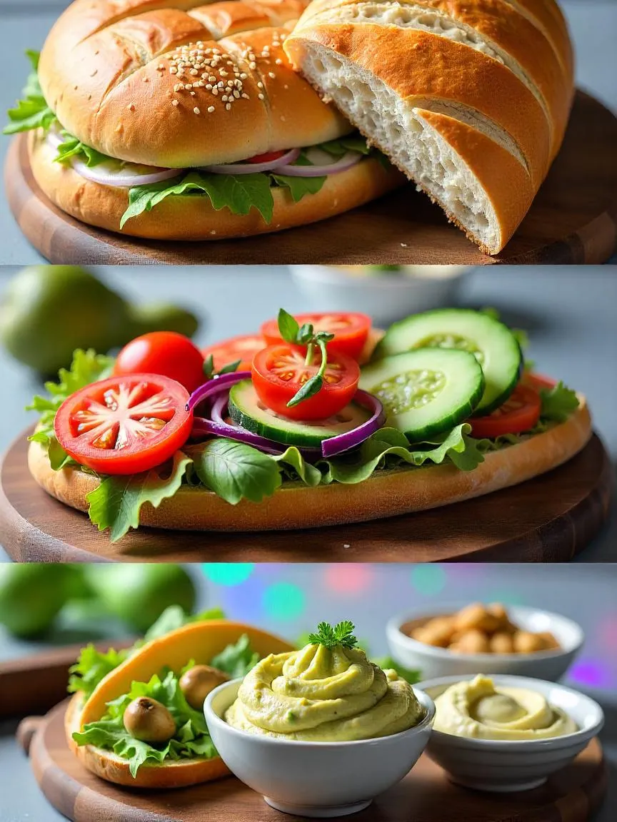 Collage showing artisan bread, fresh vegetables, vibrant spreads, and contrasting sandwich elements like brie and apple.