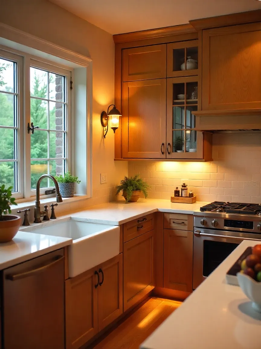 Kitchen with decorative lighting, including sconces, chandelier, and under-cabinet lights, creating a warm and inviting ambiance.