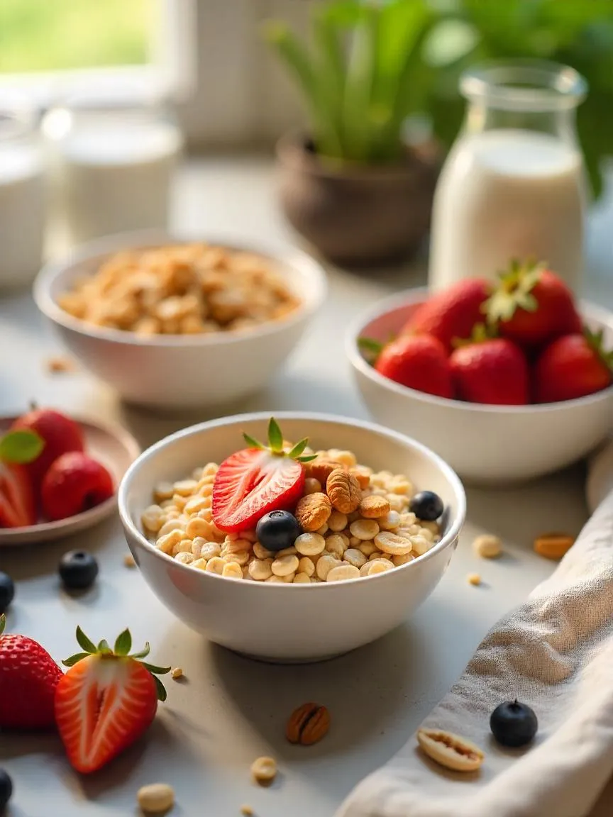 Assorted healthy cereals in bowls with fresh fruits and milk on a cozy breakfast table.