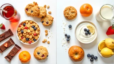 Tabletop comparison of sugary processed foods vs. naturally sweet whole foods like fruits and plain yogurt.