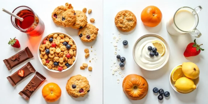 Tabletop comparison of sugary processed foods vs. naturally sweet whole foods like fruits and plain yogurt.