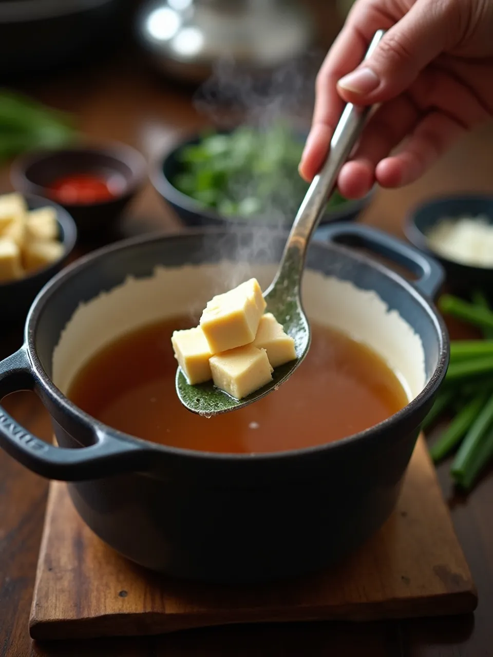 Tofu being added to hot miso soup with bowls of wakame seaweed and green onions nearby on a kitchen counter.