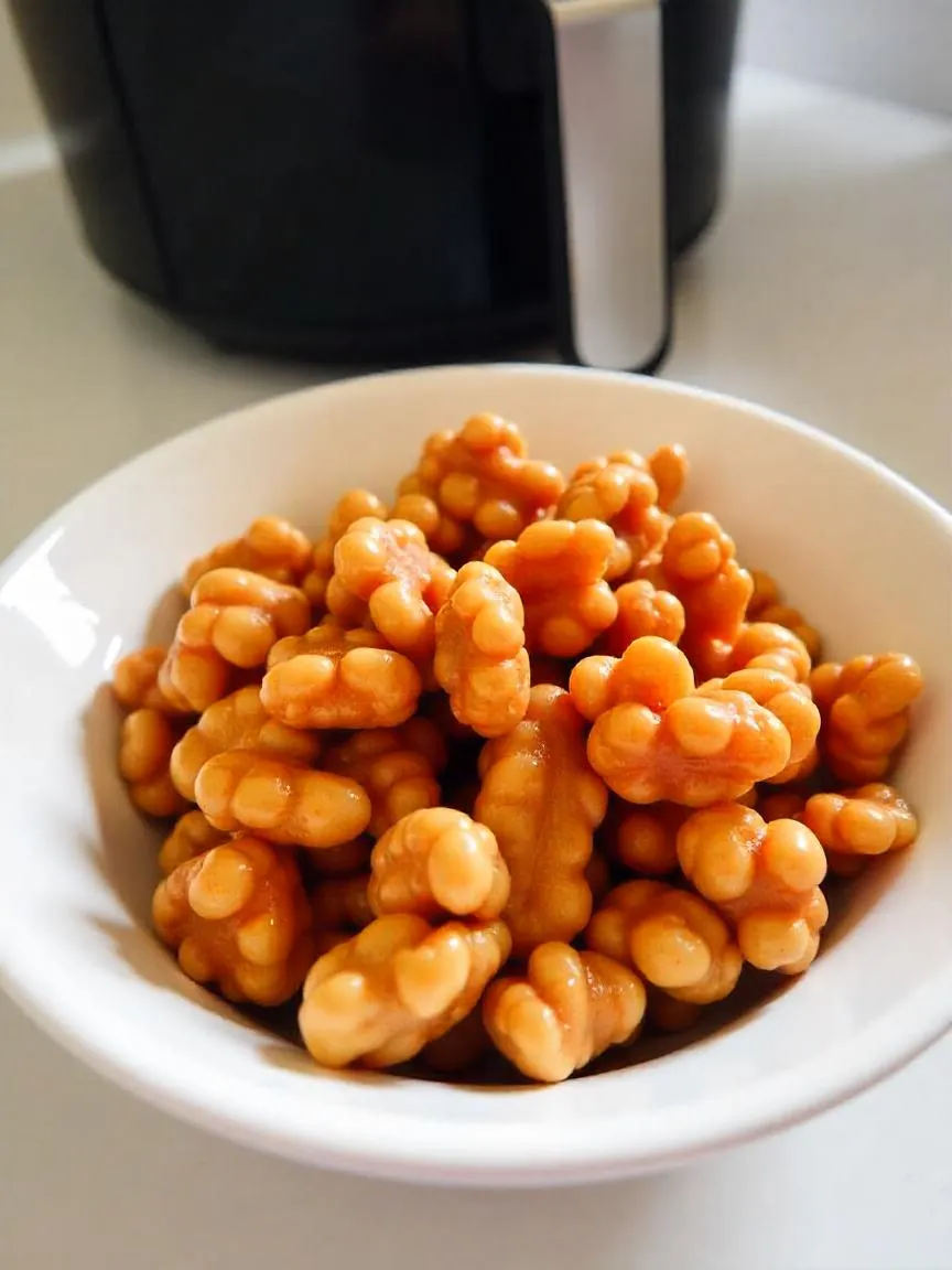 Glossy air fryer candied walnuts in a bowl, golden and crisp.