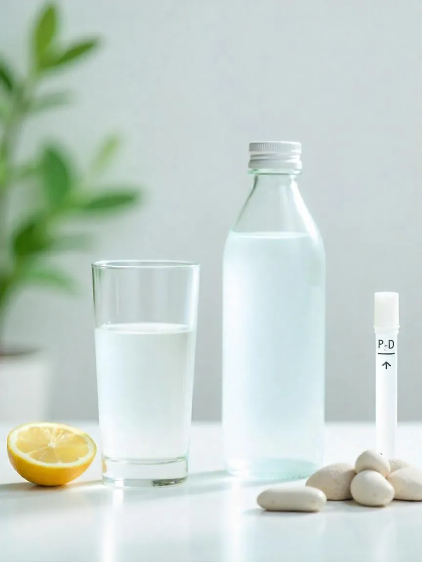 A glass of alkaline water beside regular water, with natural minerals and pH-related elements in a clean, wellness-inspired setting.