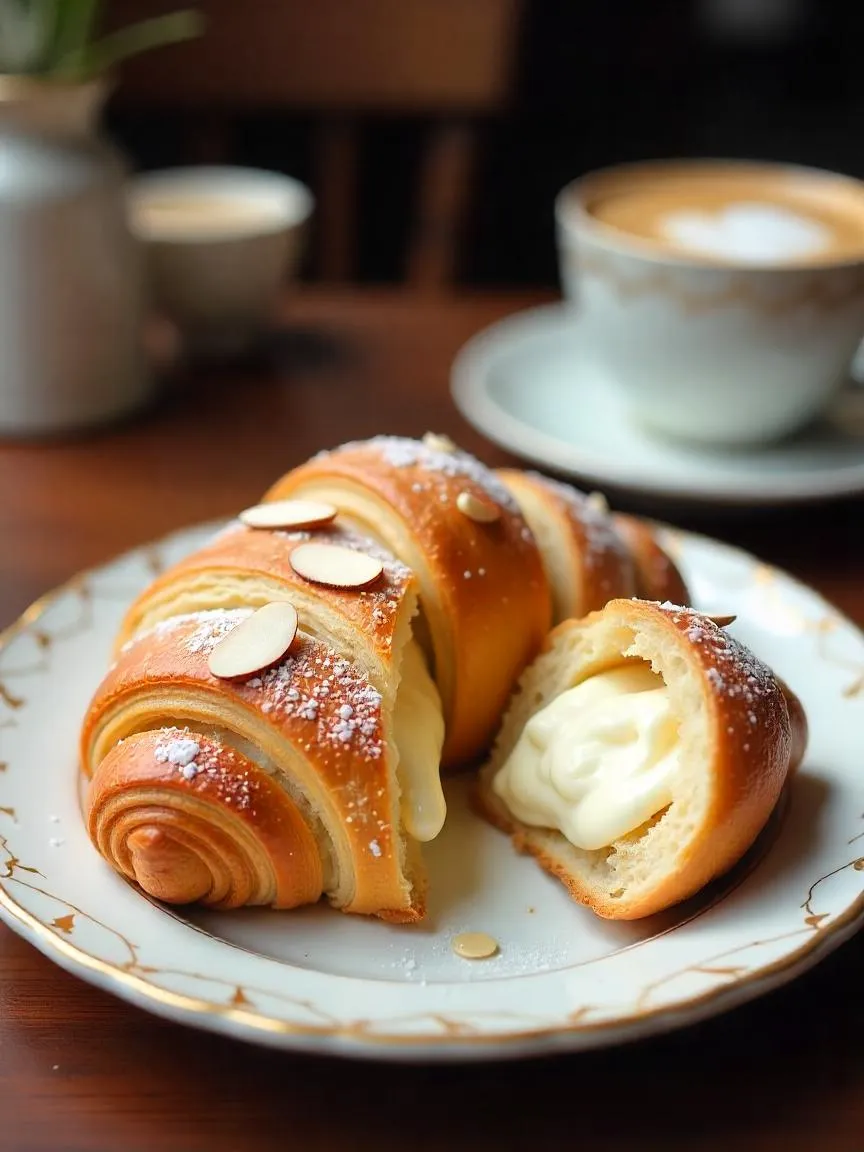 An almond croissant with powdered sugar and sliced almonds on top, revealing creamy filling inside, served in a classic French café-style setting.