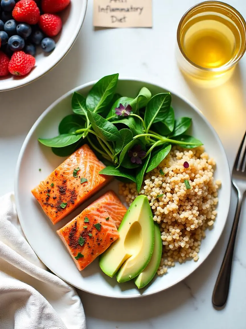 Balanced anti-inflammatory meal with salmon, greens, quinoa, avocado, berries, and green tea, labeled “Anti-Inflammatory Diet” on a modern table setting.