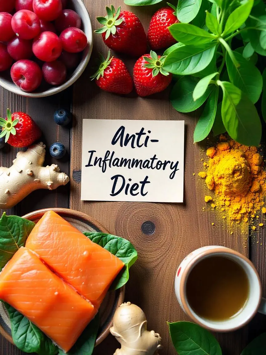 Flat lay of anti-inflammatory foods like berries, leafy greens, salmon, turmeric, and green tea, styled for a health and wellness theme.