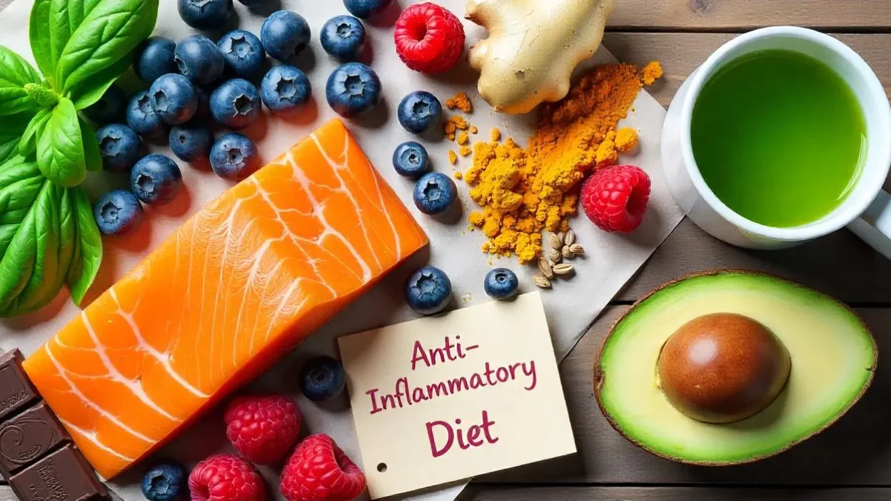 Flat lay of anti-inflammatory foods like salmon, avocado, berries, dark chocolate, leafy greens, turmeric, and green tea with a sign reading “Anti-Inflammatory Diet.”