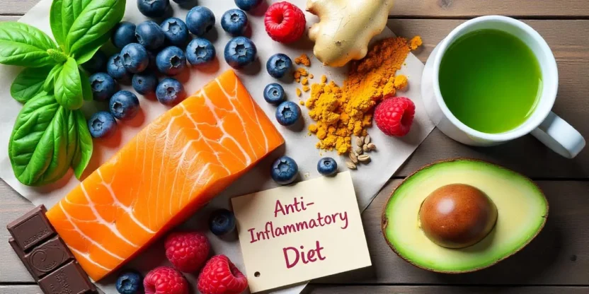 Flat lay of anti-inflammatory foods like salmon, avocado, berries, dark chocolate, leafy greens, turmeric, and green tea with a sign reading “Anti-Inflammatory Diet.”