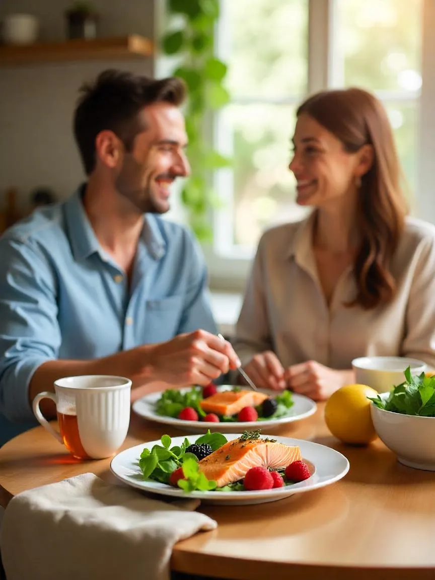 Happy person enjoying a balanced anti-inflammatory meal with salmon, vegetables, and berries, reflecting a sustainable and healthy lifestyle choice.