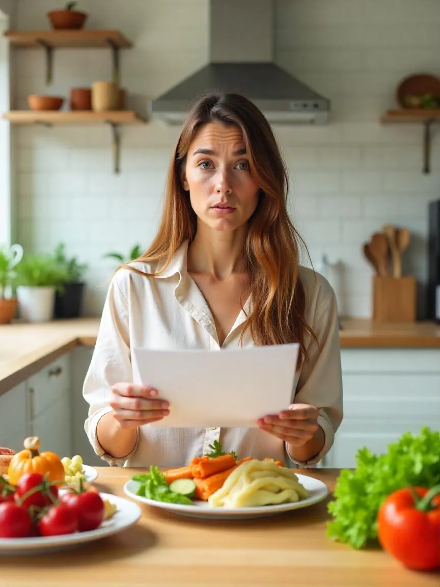 Person surrounded by healthy foods and grocery items looking overwhelmed, representing challenges in meal planning and portion control on an anti-inflammatory diet.