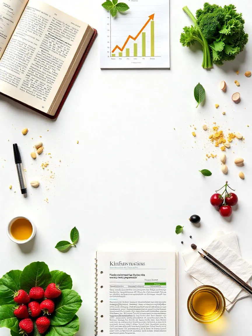 Collage of scientific studies and data charts alongside anti-inflammatory foods like berries and olive oil, labeled “Inflammation & Diet Research.”