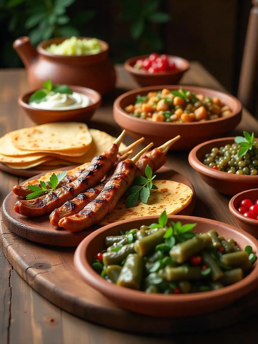 Traditional Armenian meal spread with lavash, grilled meats, dolma, herbs, and yogurt.