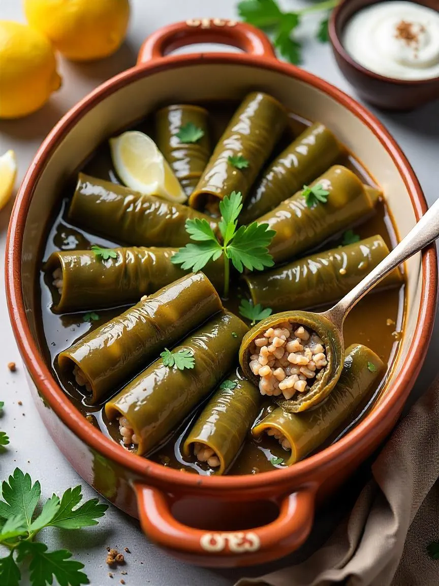 Stuffed grape leaves filled with rice and meat, served with lemon and herbs in traditional Armenian style.