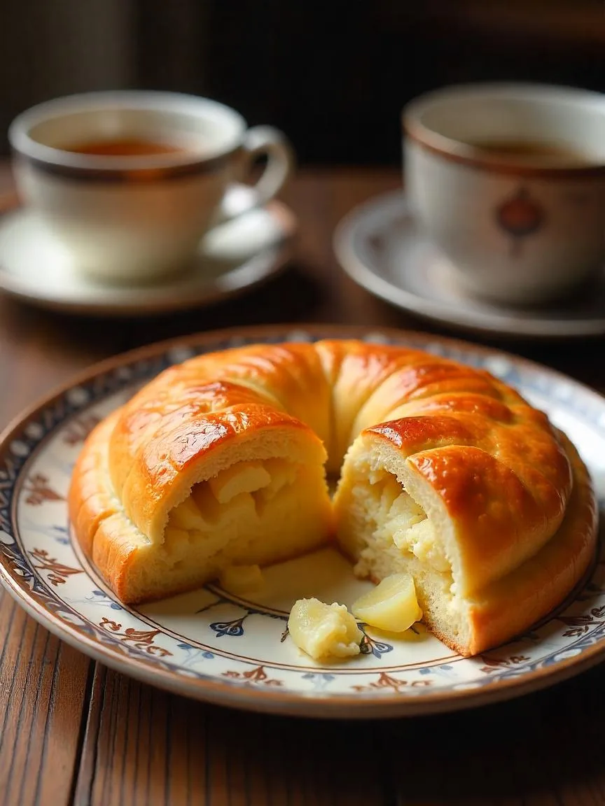 Sliced Armenian gata pastry showing its rich, sweet buttery filling.
