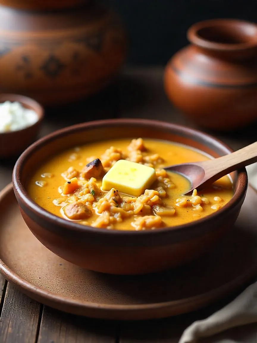 Bowl of Armenian harissa stew made with wheat and meat, topped with melted butter.