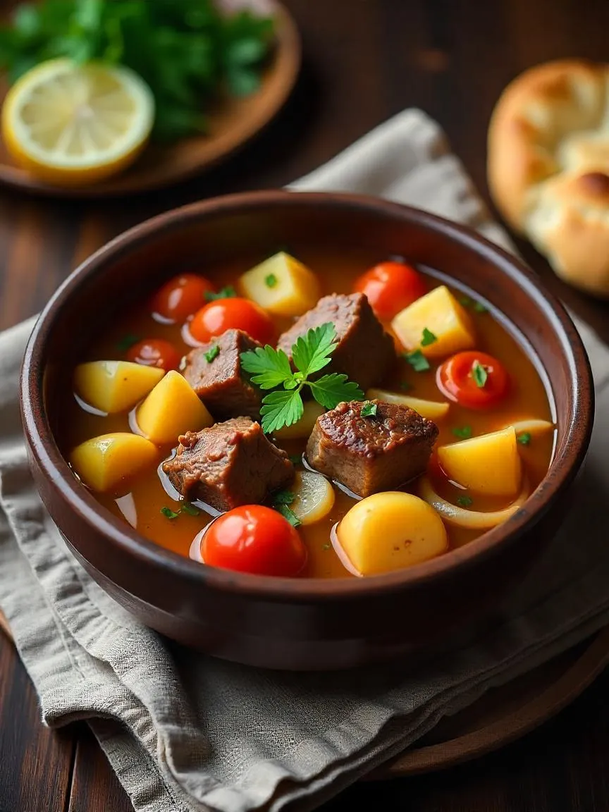Traditional Armenian khashlama stew with beef, vegetables, and broth served warm with herbs and lavash.