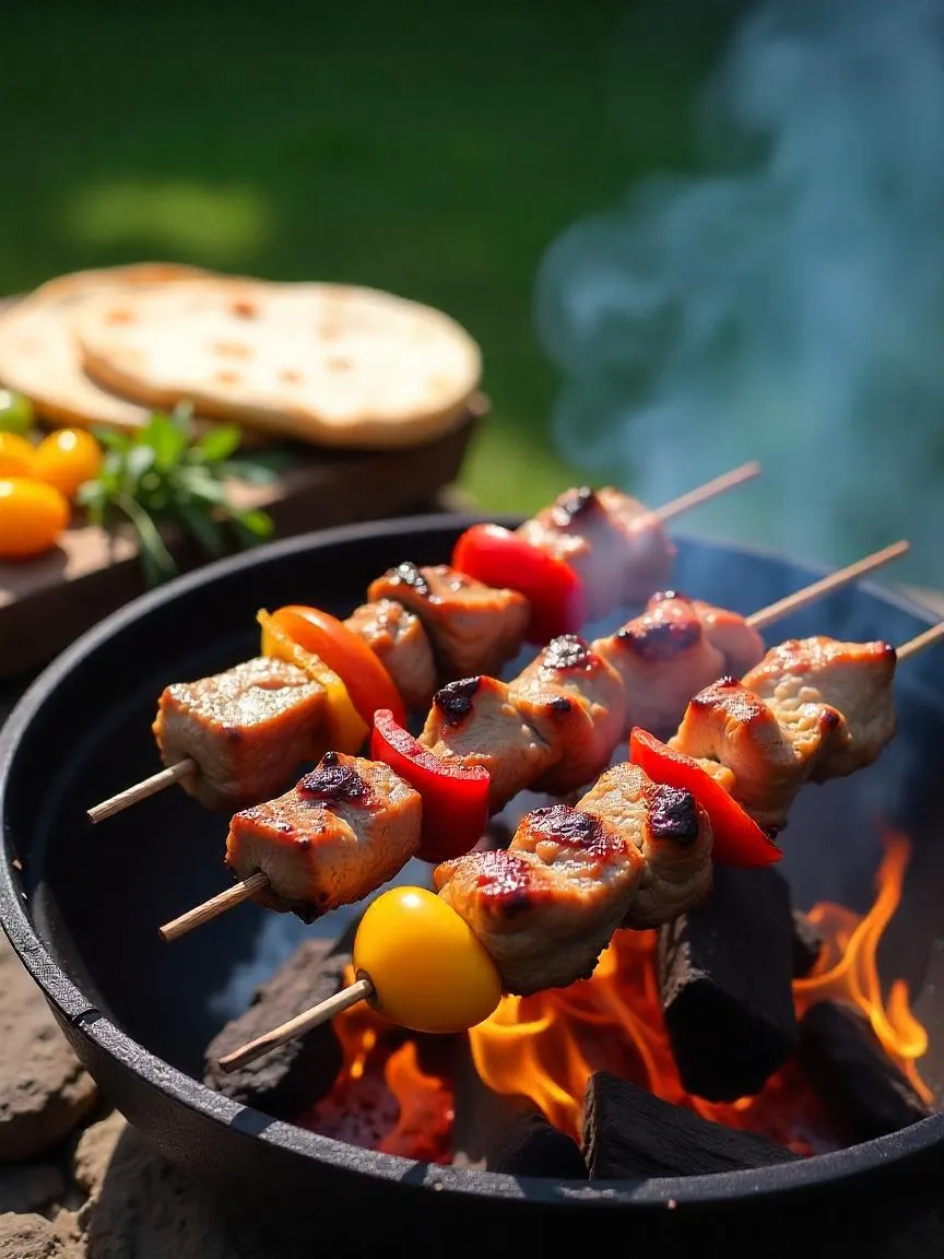 Traditional Armenian khorovats skewers grilling over open flames with lavash and herbs on the side.