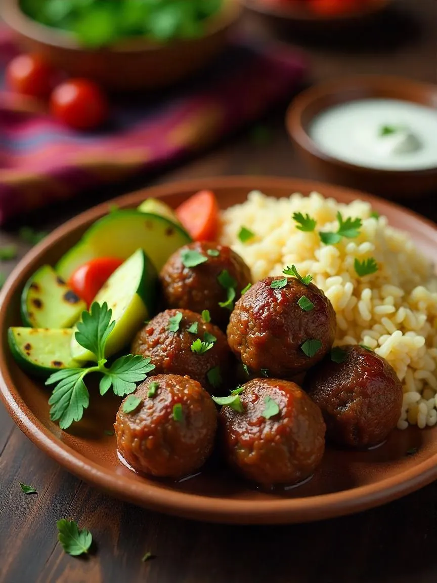 Armenian kufta meatballs with herbs, served with rice and yogurt sauce.