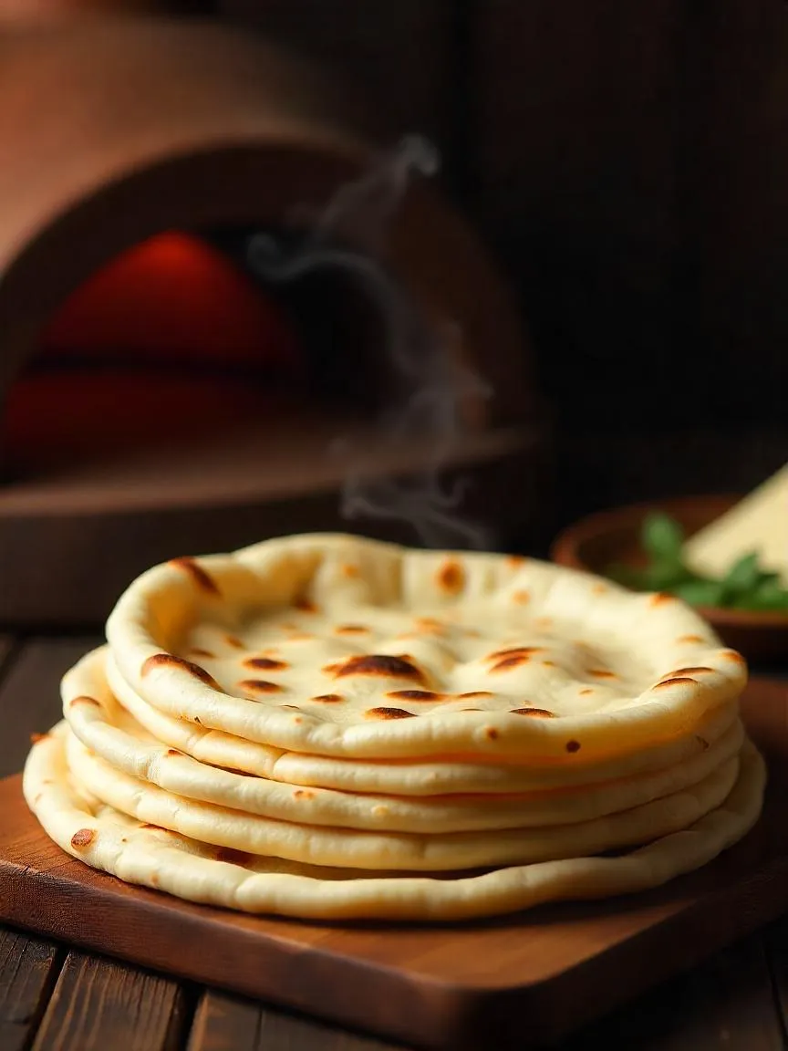 Fresh Armenian lavash flatbread stacked beside a traditional tonir oven.