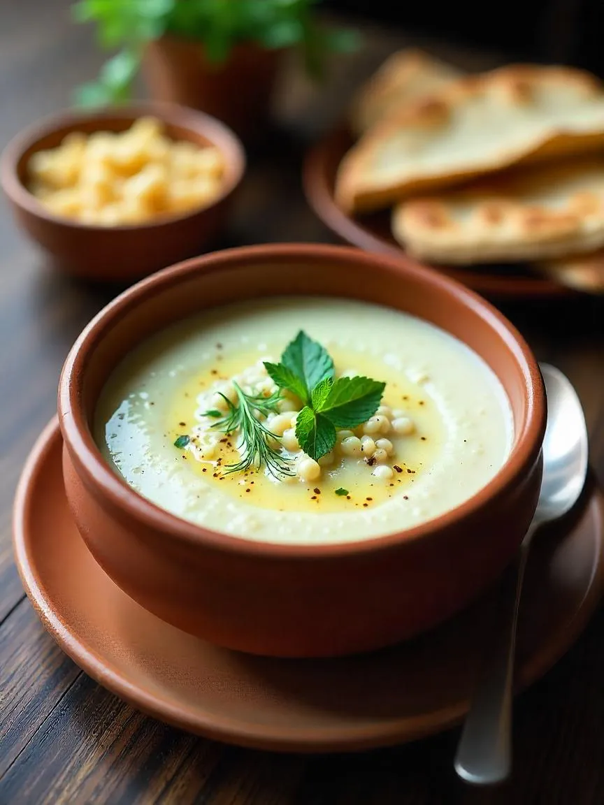 Bowl of Armenian spas soup with yogurt, herbs, and lavash bread.