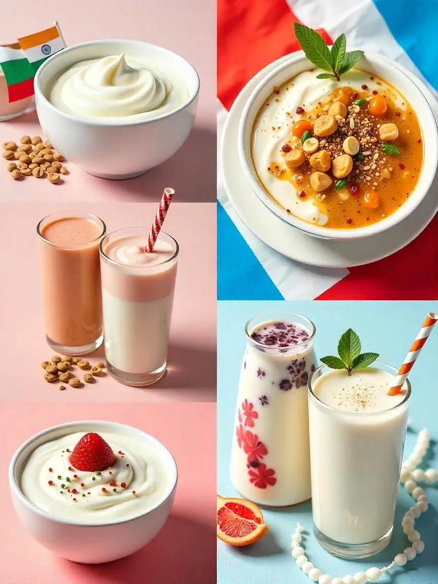 Collage of yogurt traditions with flags: Bulgarian yogurt 🇧🇬, Greek yogurt with honey 🇬🇷, Turkish yogurt soup and ayran 🇹🇷, Indian dahi and lassi 🇮🇳, Korean and Japanese sweet yogurt drinks 🇰🇷🇯🇵.