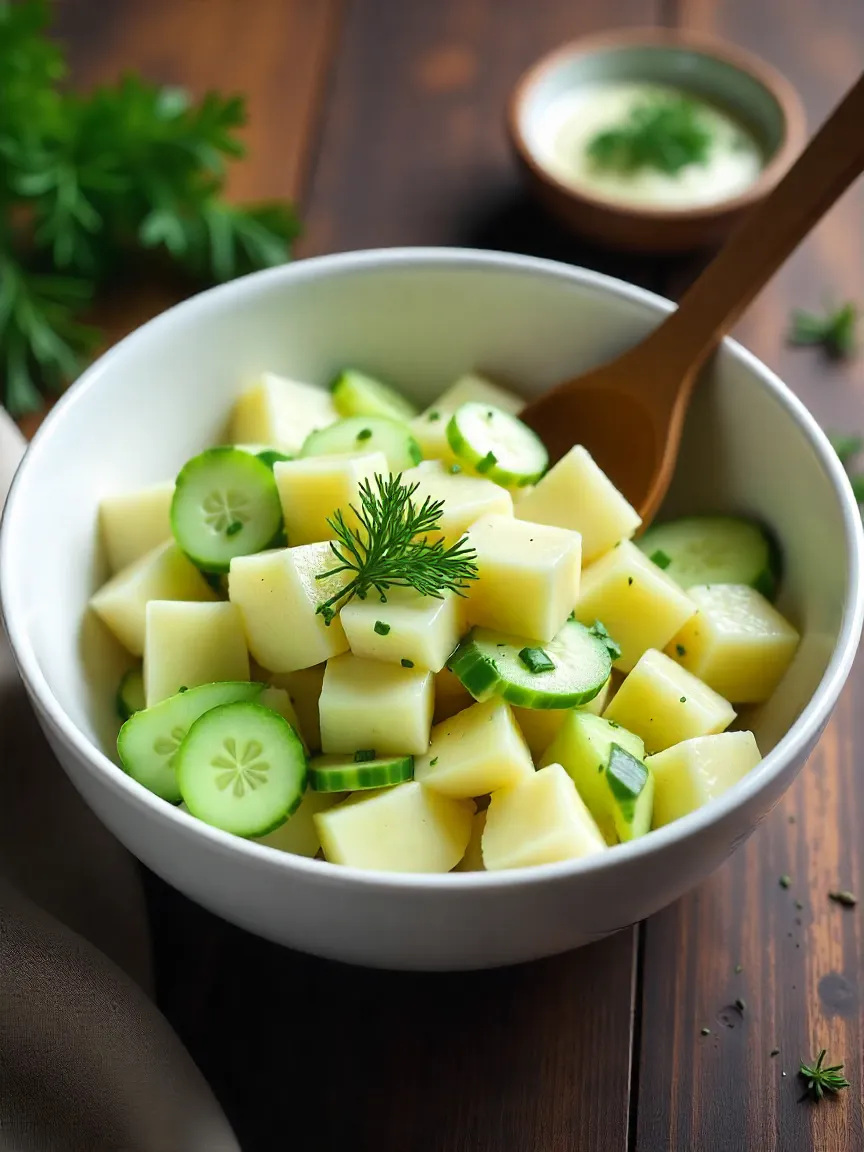 Potato-cucumber salad being assembled in a white bowl with creamy dressing, fresh dill, and wooden spoon for gentle mixing.