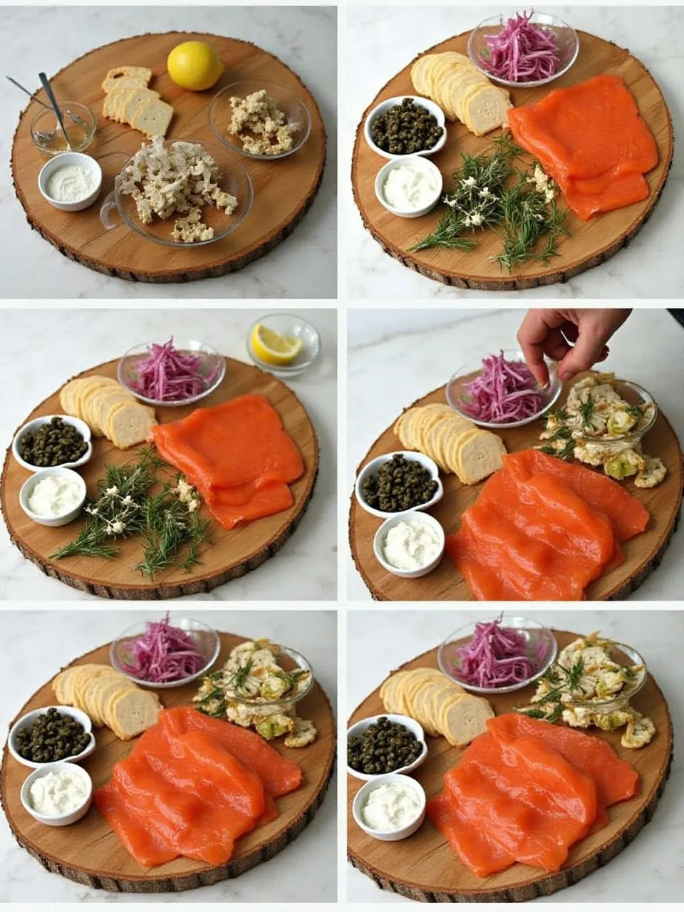 Smoked salmon board being assembled with bowls of toppings, sliced vegetables, and salmon rosettes on a wooden platter.