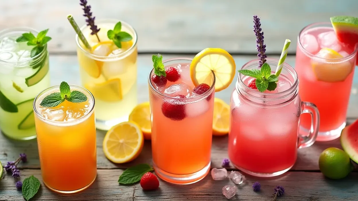 Assorted alcohol-free drinks including mint lime sparkler, grapefruit soda, kiwi mojito, pineapple coconut cooler, berry lemon fizz, watermelon agua fresca, and lavender lemonade.