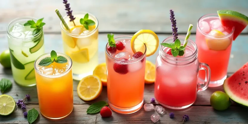 Assorted alcohol-free drinks including mint lime sparkler, grapefruit soda, kiwi mojito, pineapple coconut cooler, berry lemon fizz, watermelon agua fresca, and lavender lemonade.