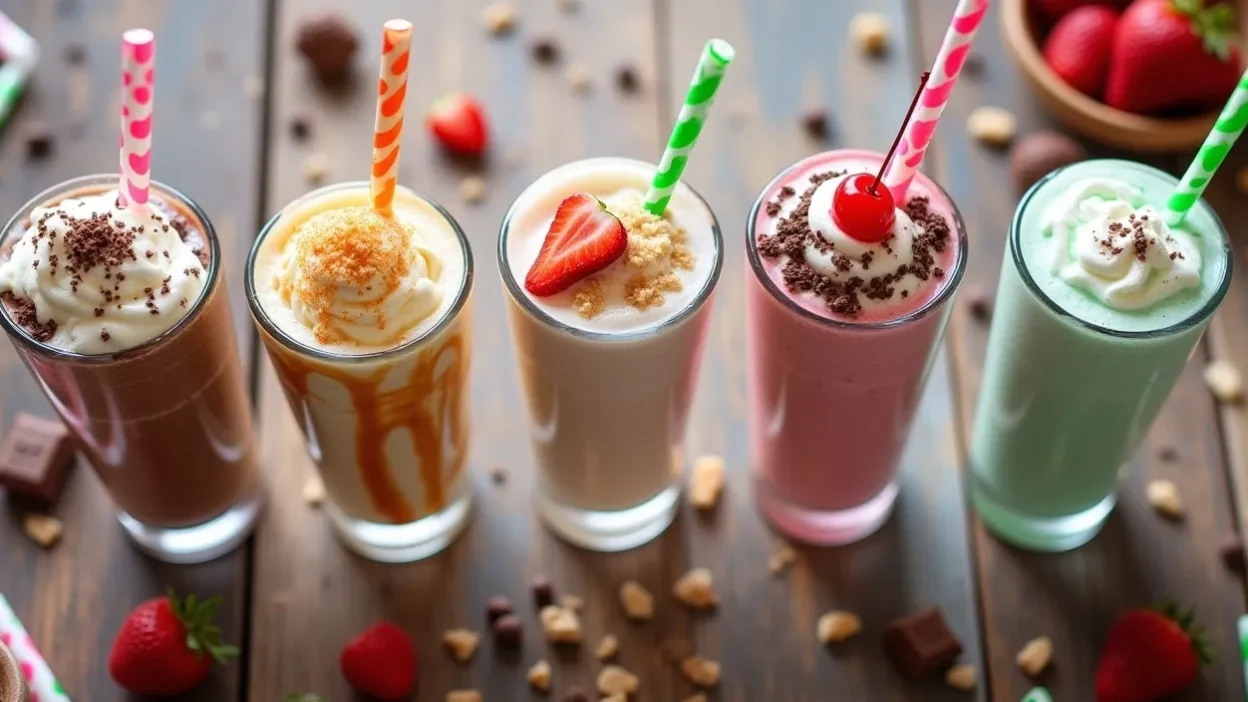 Assortment of five milkshakes in different flavors—chocolate, vanilla, strawberry, peanut butter, and mint chocolate chip—garnished with whipped cream and toppings.